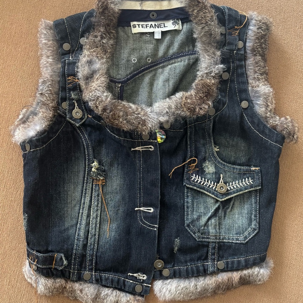 Stefanel Blue Denim Vest with Gray Real Fur Details